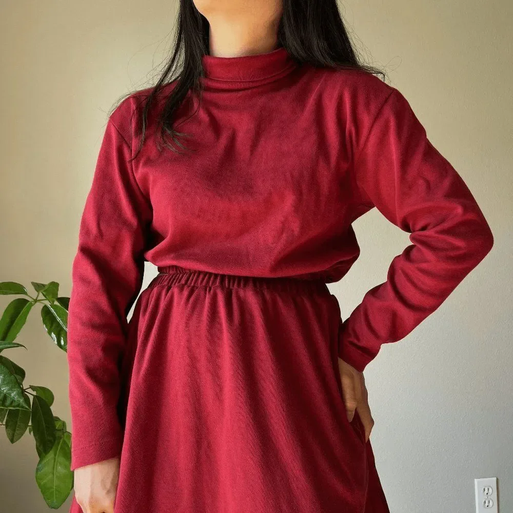 vtg 90s Lands end upcycled reowrked 2 piece skirt crop top set red‎ knit small